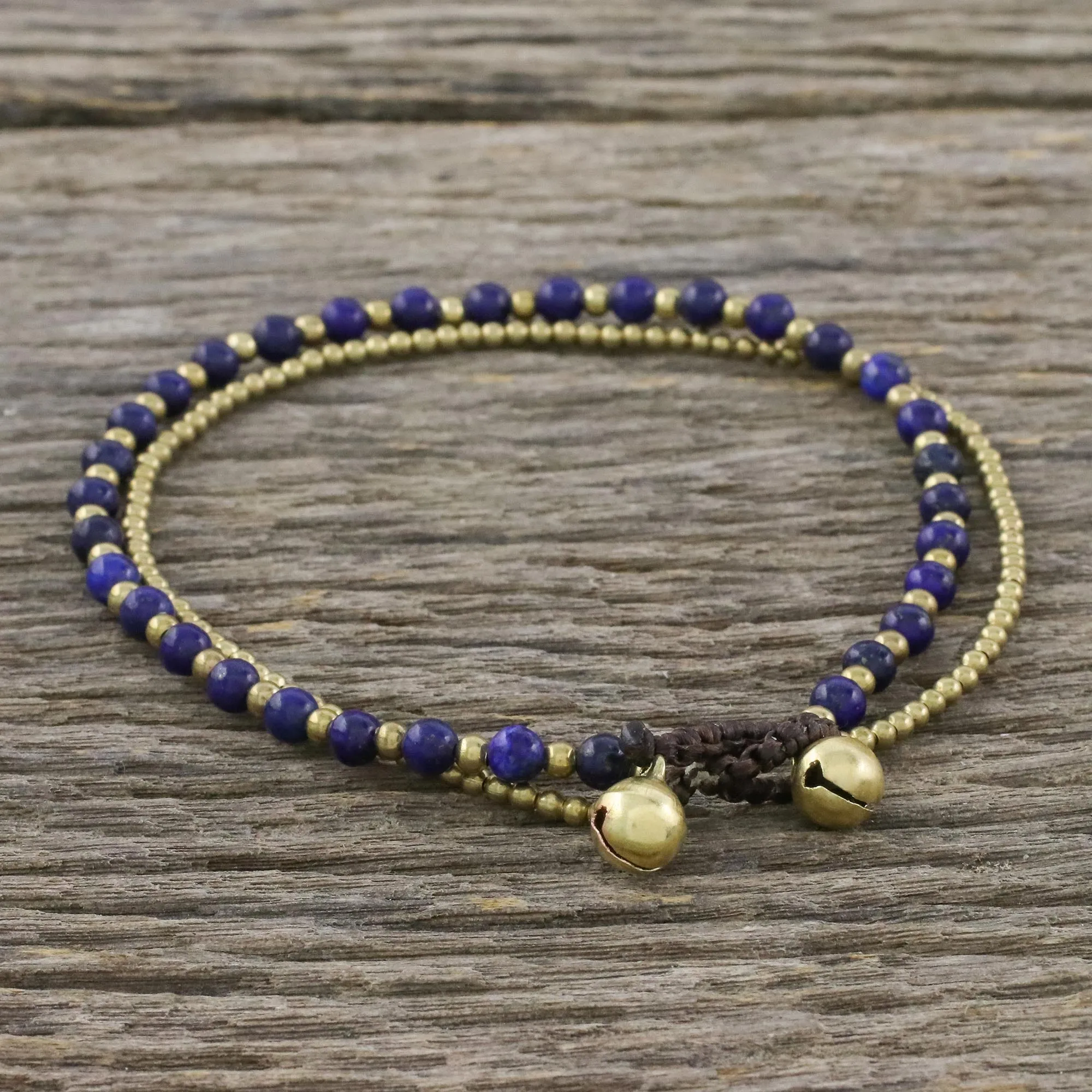 Lapis Lazuli and Brass Beaded Anklet from Thailand - Ringing Beauty | NOVICA