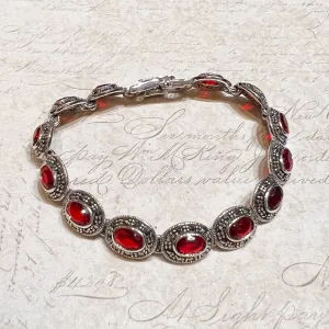 Marcasite Silver and Red Cubic Zirconia Oval stone Tennis Bracelet