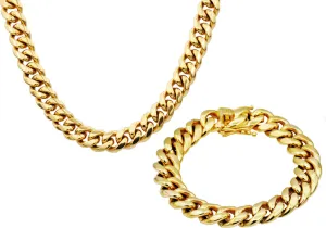 Mens 14mm Gold Stainless Steel Miami Cuban Link Chain With Box Clasp Set
