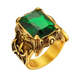 Men's Gold Color Vintage Gothic Dragon Claw Biker ring Band green CZ Crystal ,stainless steel fashion cross finger ring jewelry