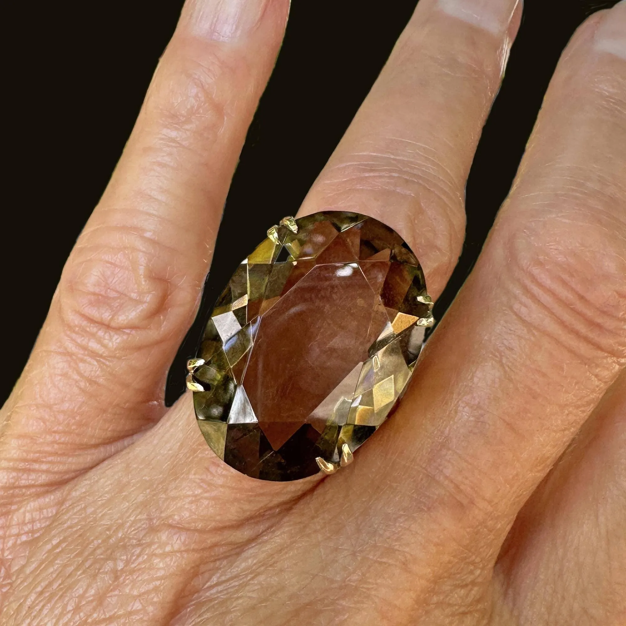 Mid Century 14K Gold Oval 26 CTW Smoky Quartz Ring