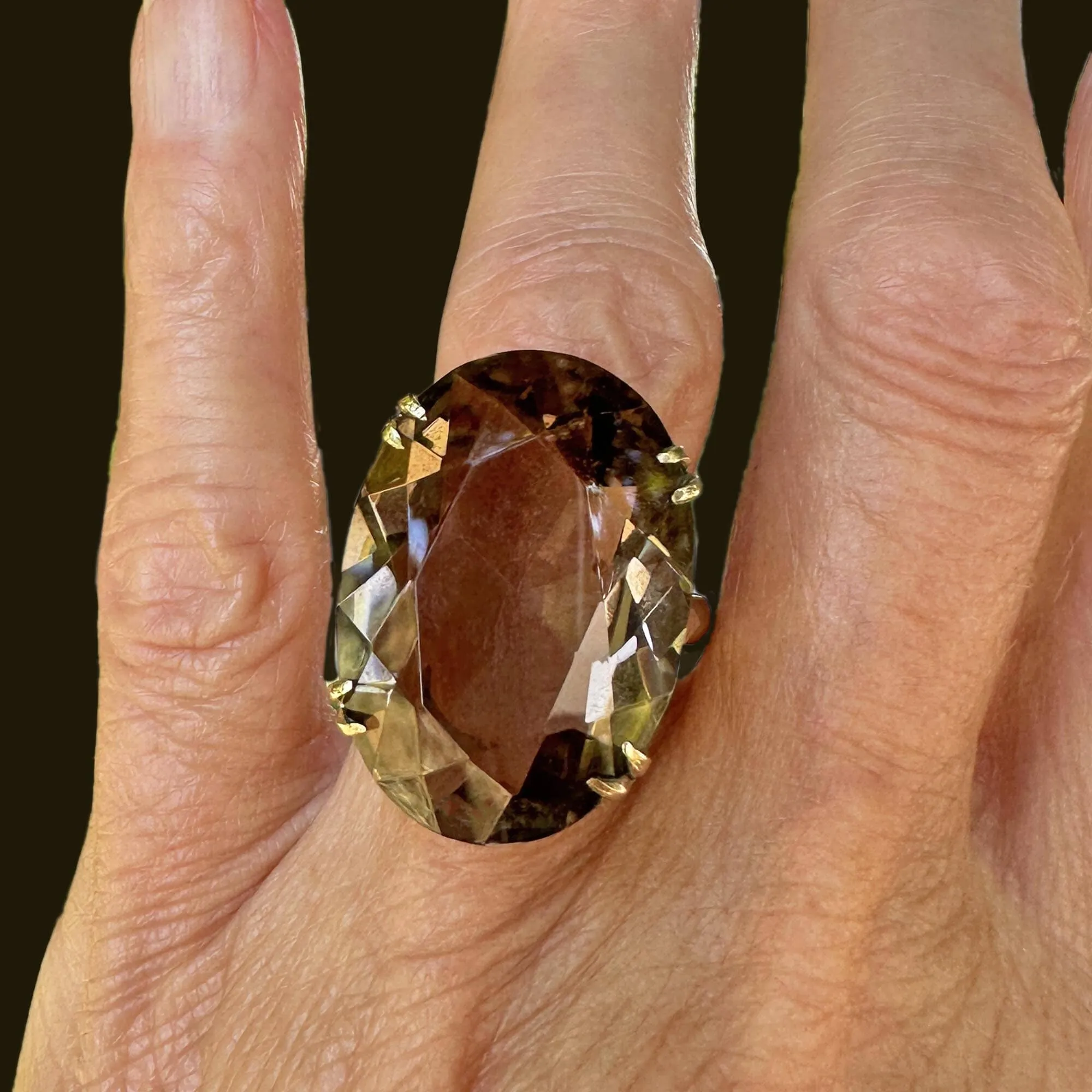 Mid Century 14K Gold Oval 26 CTW Smoky Quartz Ring