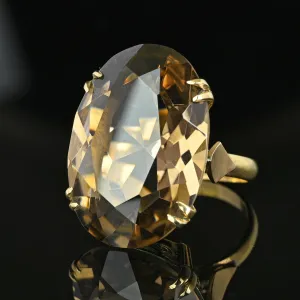 Mid Century 14K Gold Oval 26 CTW Smoky Quartz Ring