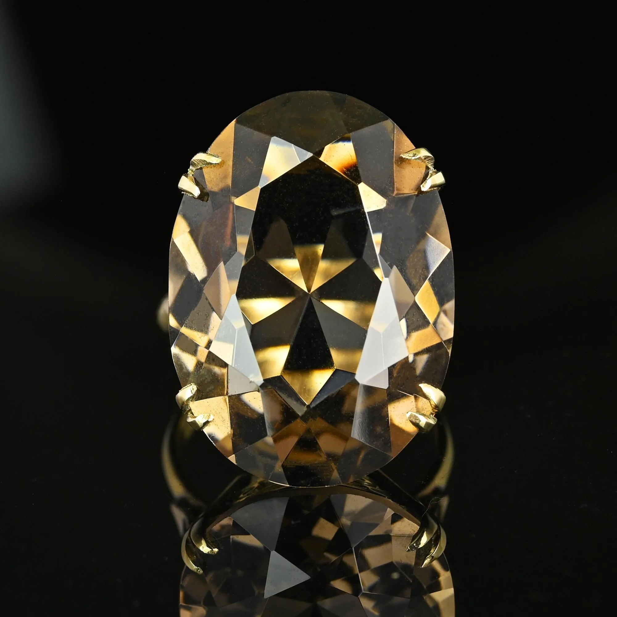 Mid Century 14K Gold Oval 26 CTW Smoky Quartz Ring