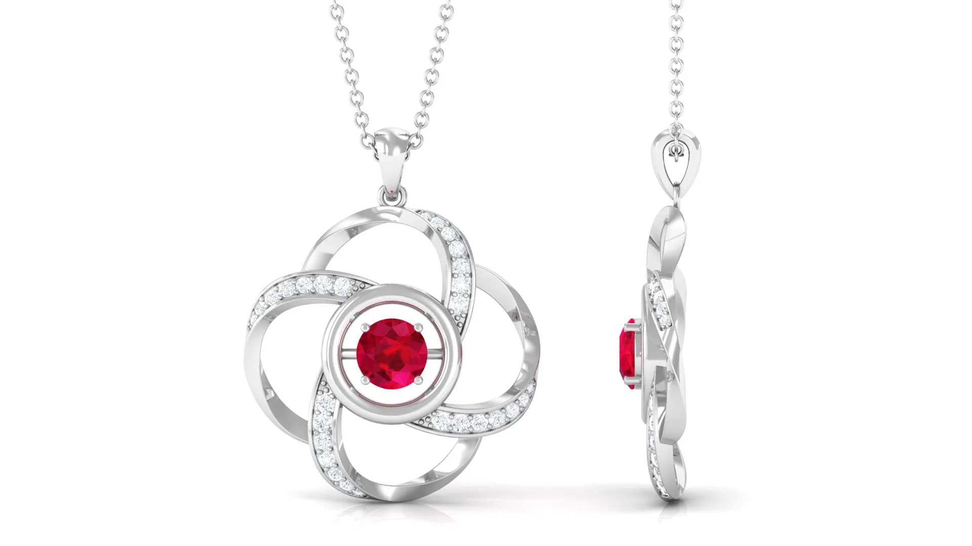 Modern Flower Pendant with Round Created Ruby and Diamond