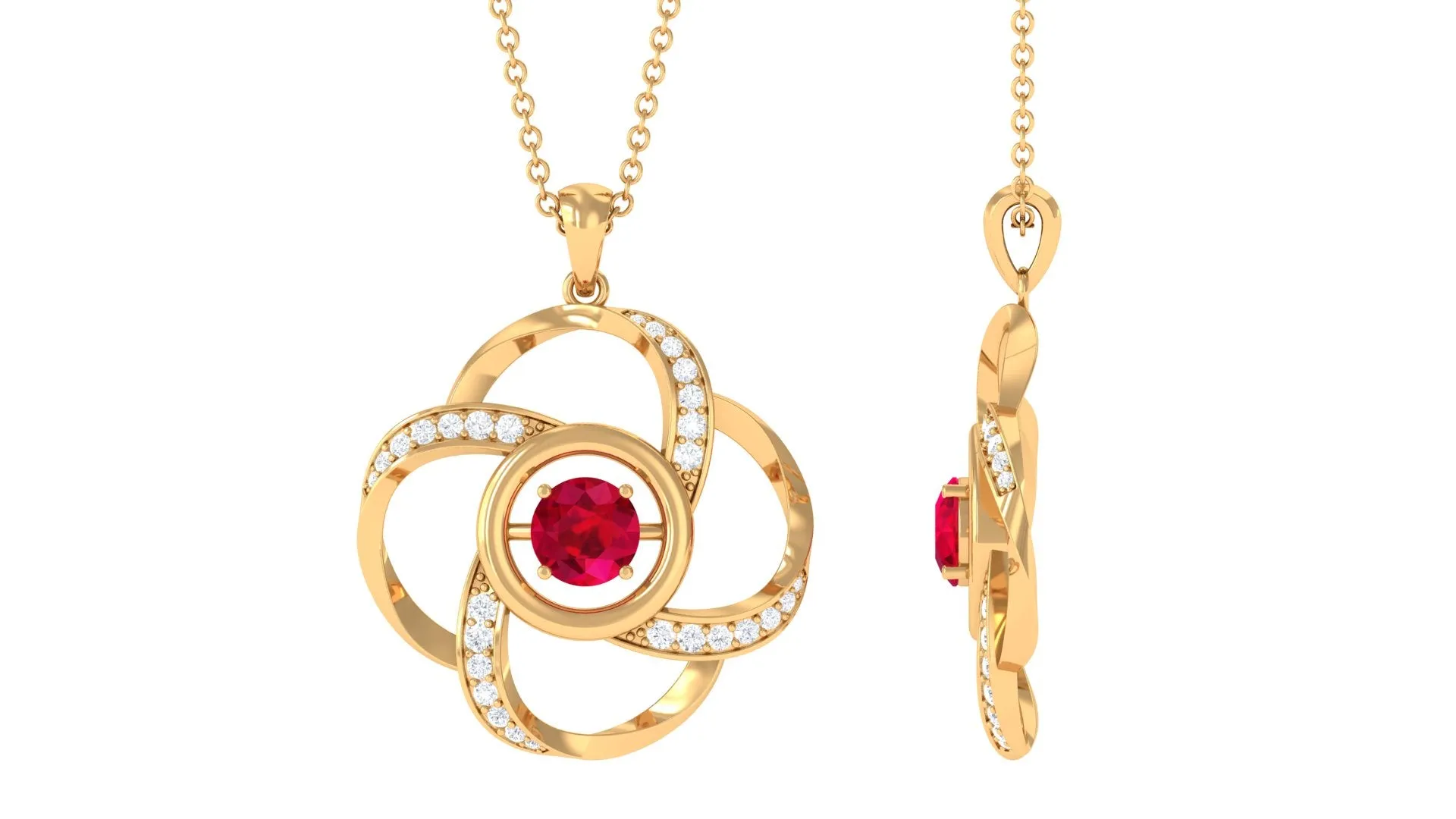 Modern Flower Pendant with Round Created Ruby and Diamond