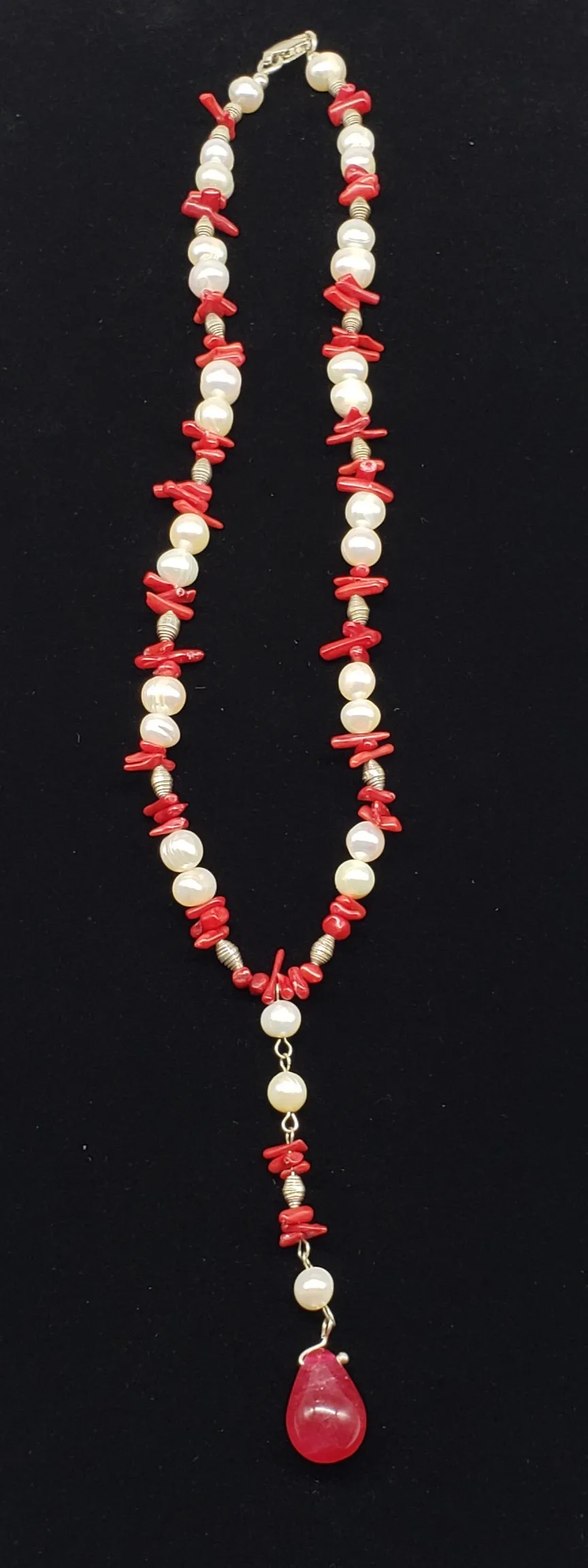 natural pearl and red coral necklace, one of a kind