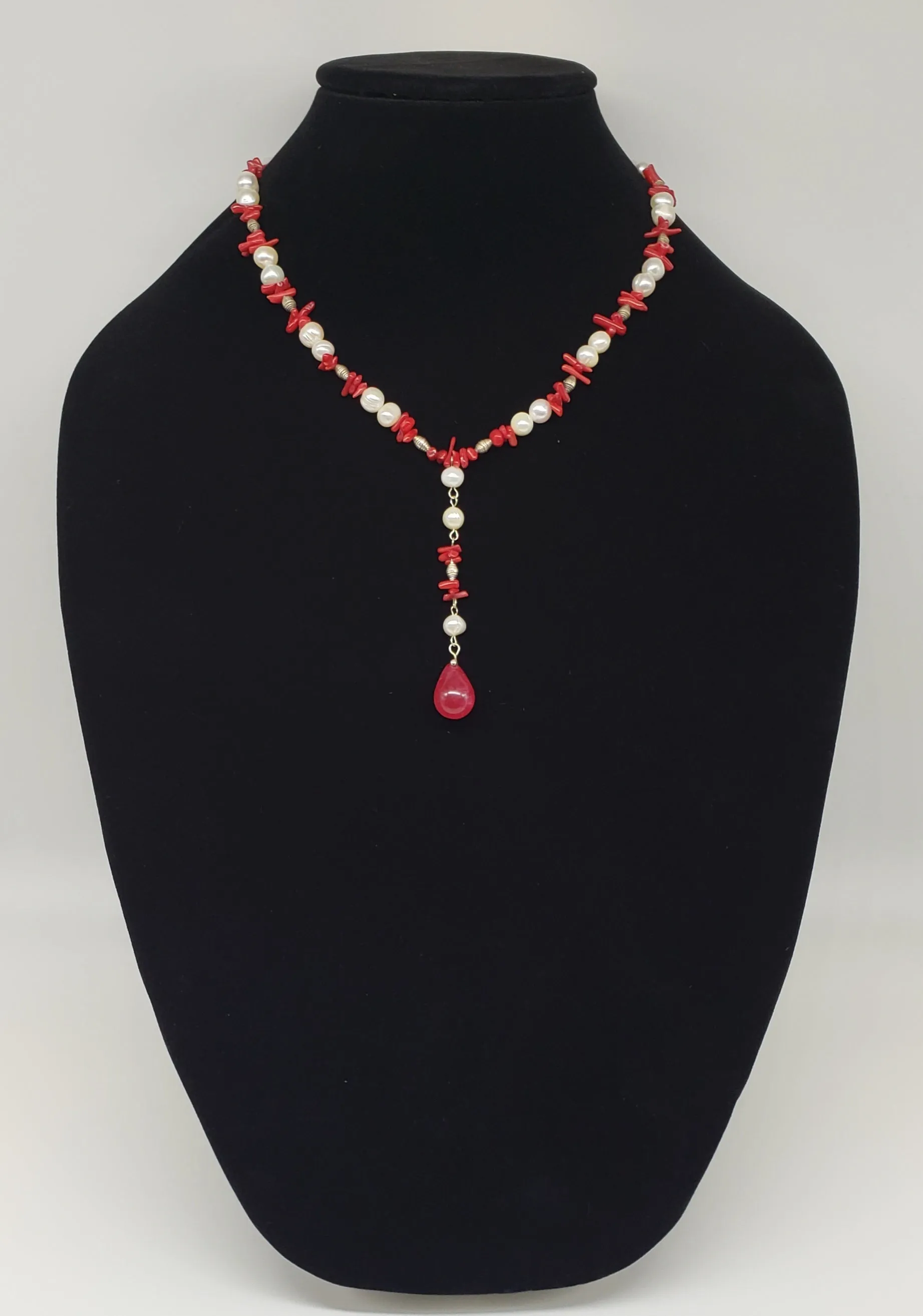 natural pearl and red coral necklace, one of a kind