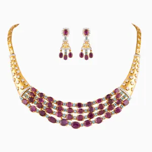 Necklace with Round Cut Diamond, Blue Topaz Stone and Oval Cut Ruby-WDN985