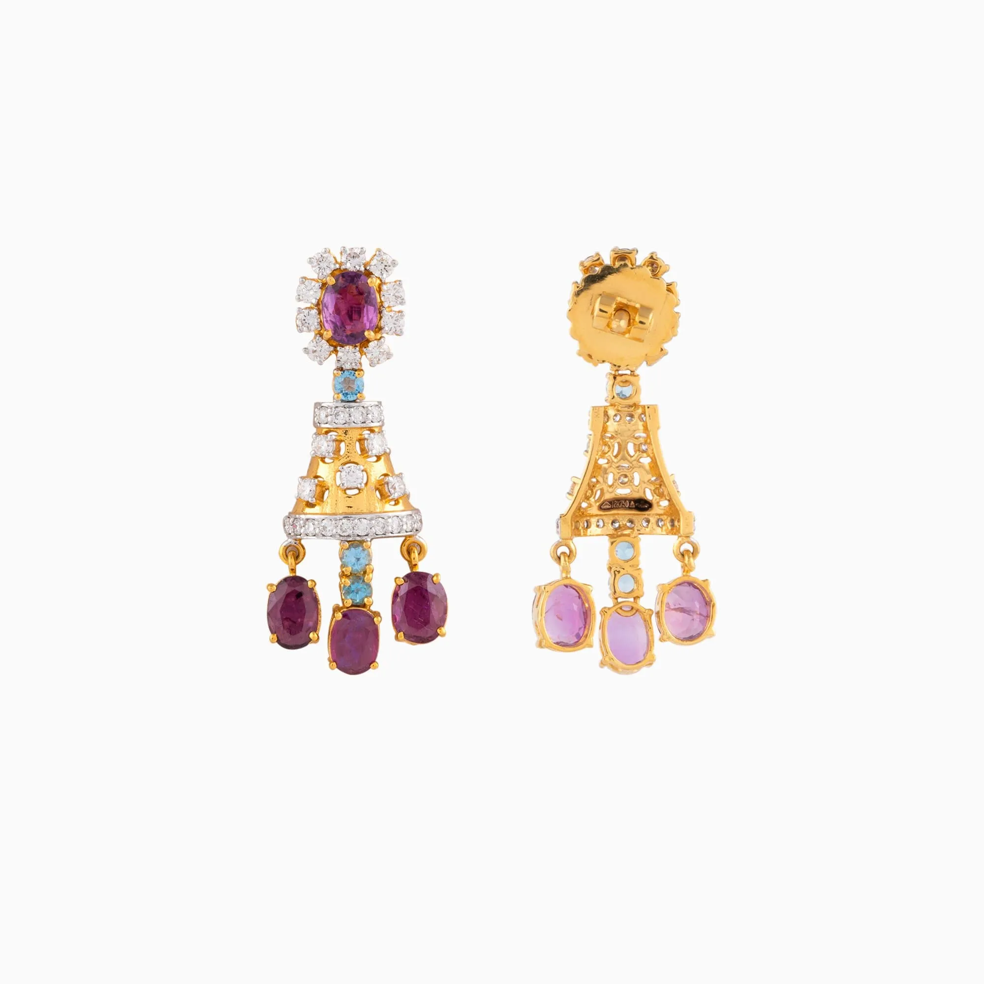 Necklace with Round Cut Diamond, Blue Topaz Stone and Oval Cut Ruby-WDN985