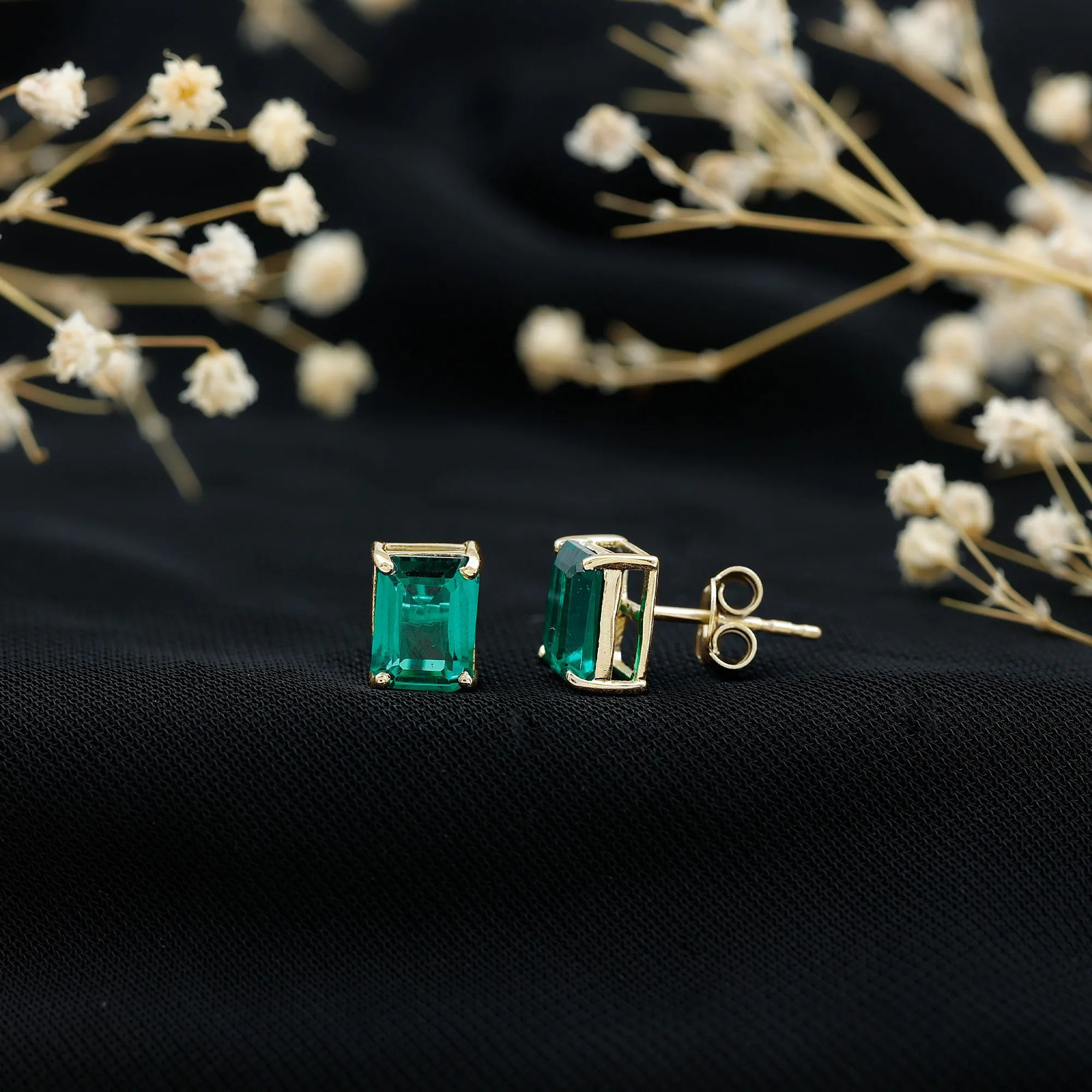 Octagon Cut Created Emerald Solitaire Stud Earrings