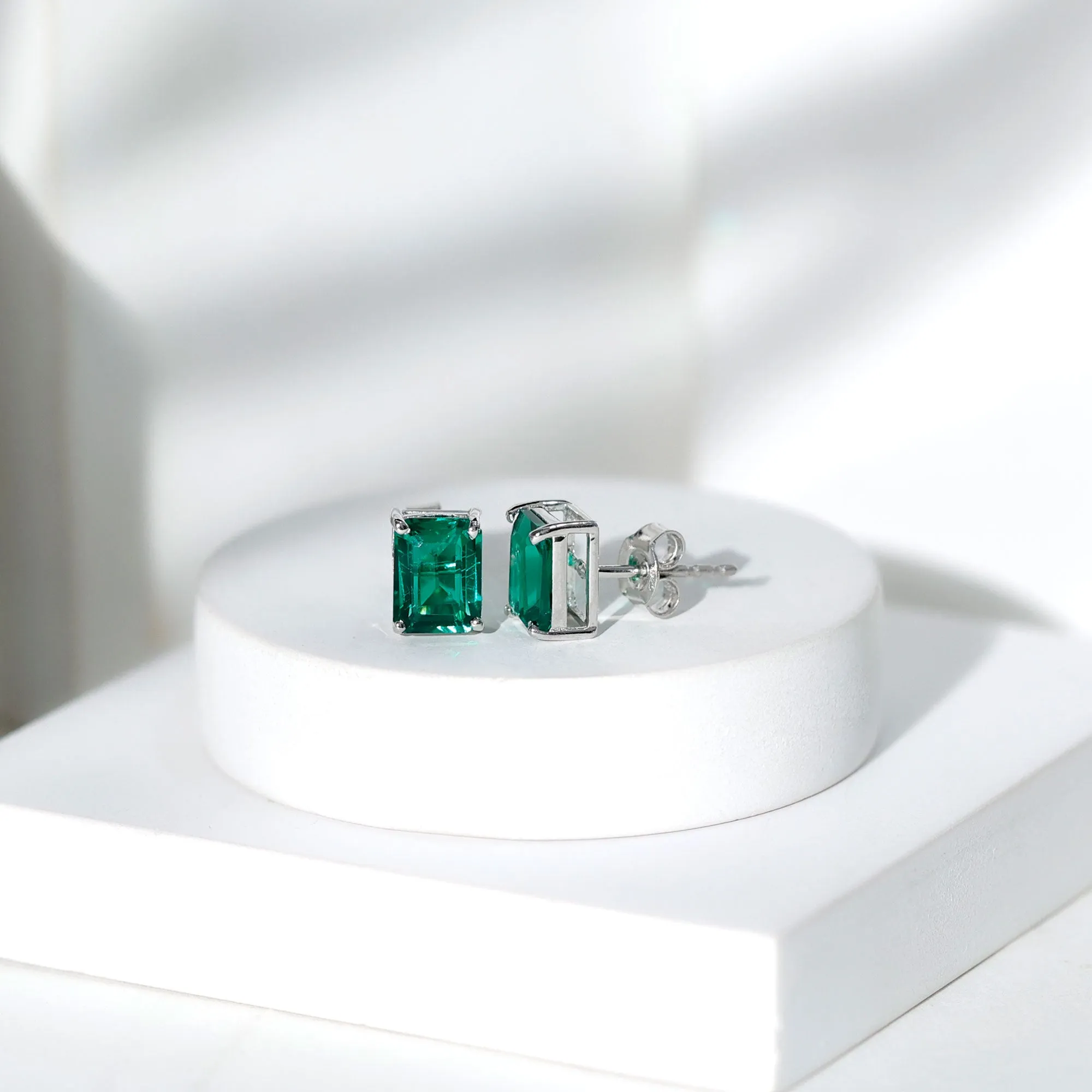 Octagon Cut Created Emerald Solitaire Stud Earrings