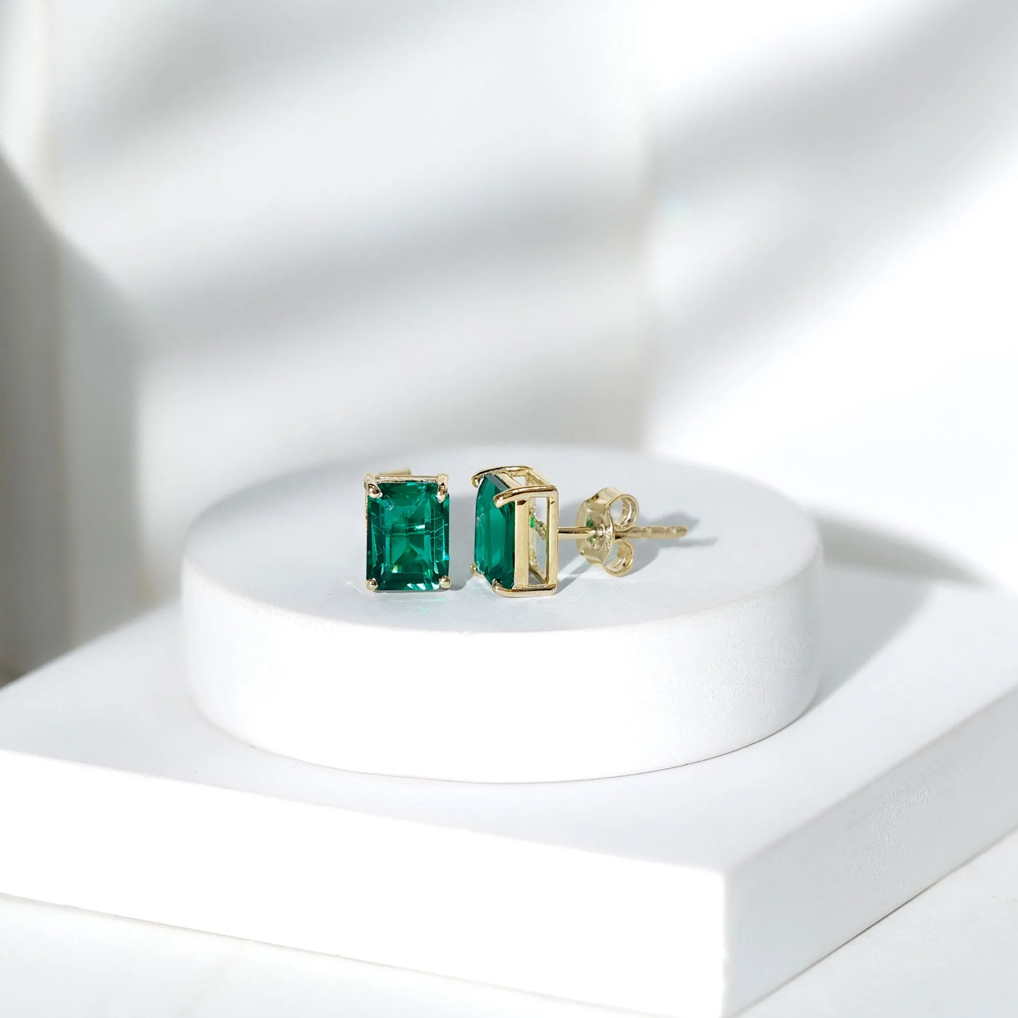 Octagon Cut Created Emerald Solitaire Stud Earrings