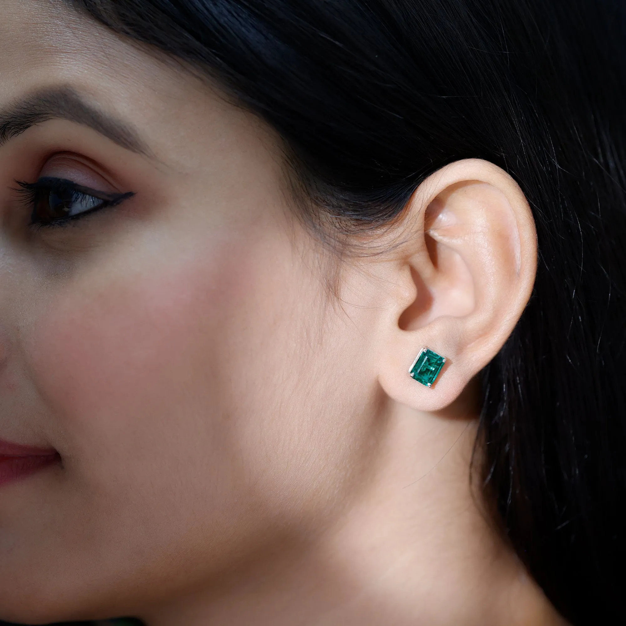 Octagon Cut Created Emerald Solitaire Stud Earrings