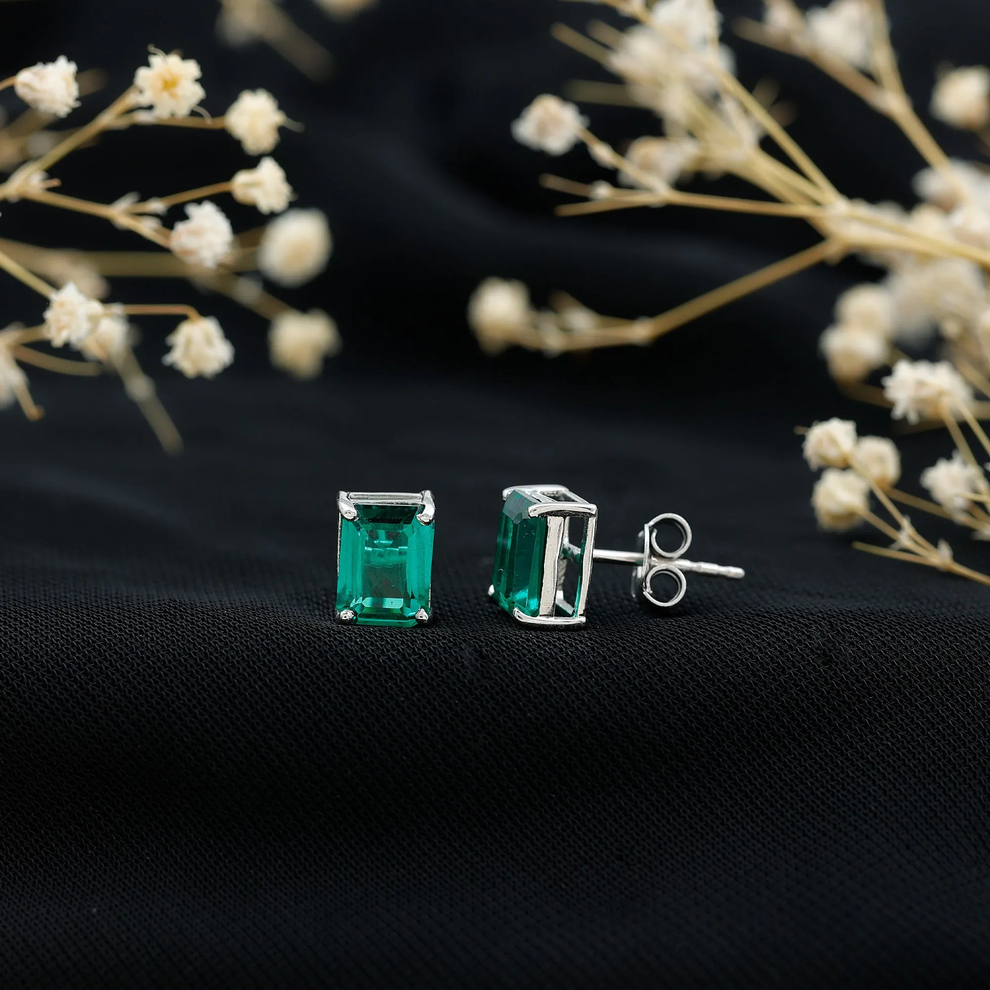 Octagon Cut Created Emerald Solitaire Stud Earrings