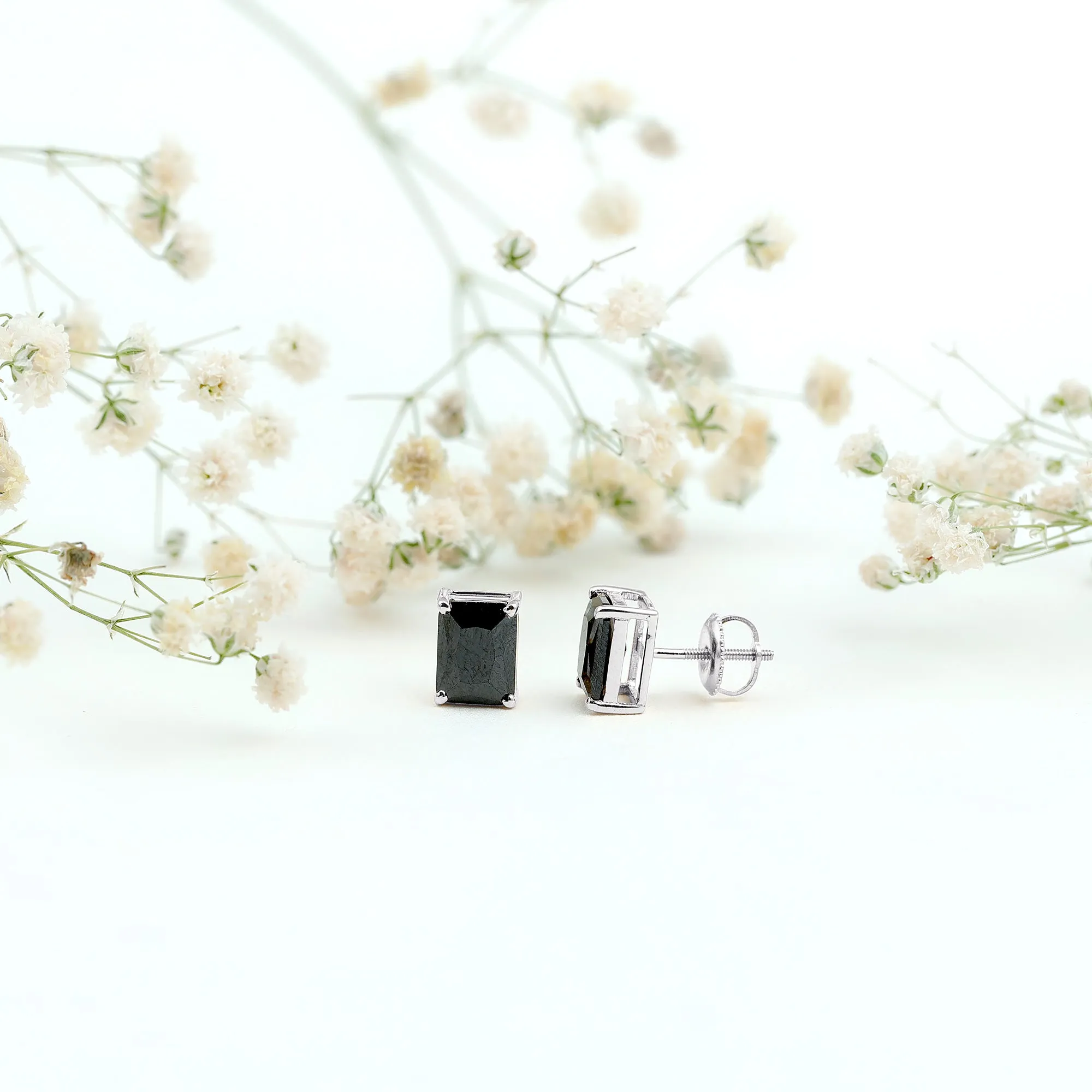 Octagon Shape Created Black Diamond Solitaire Stud Earrings