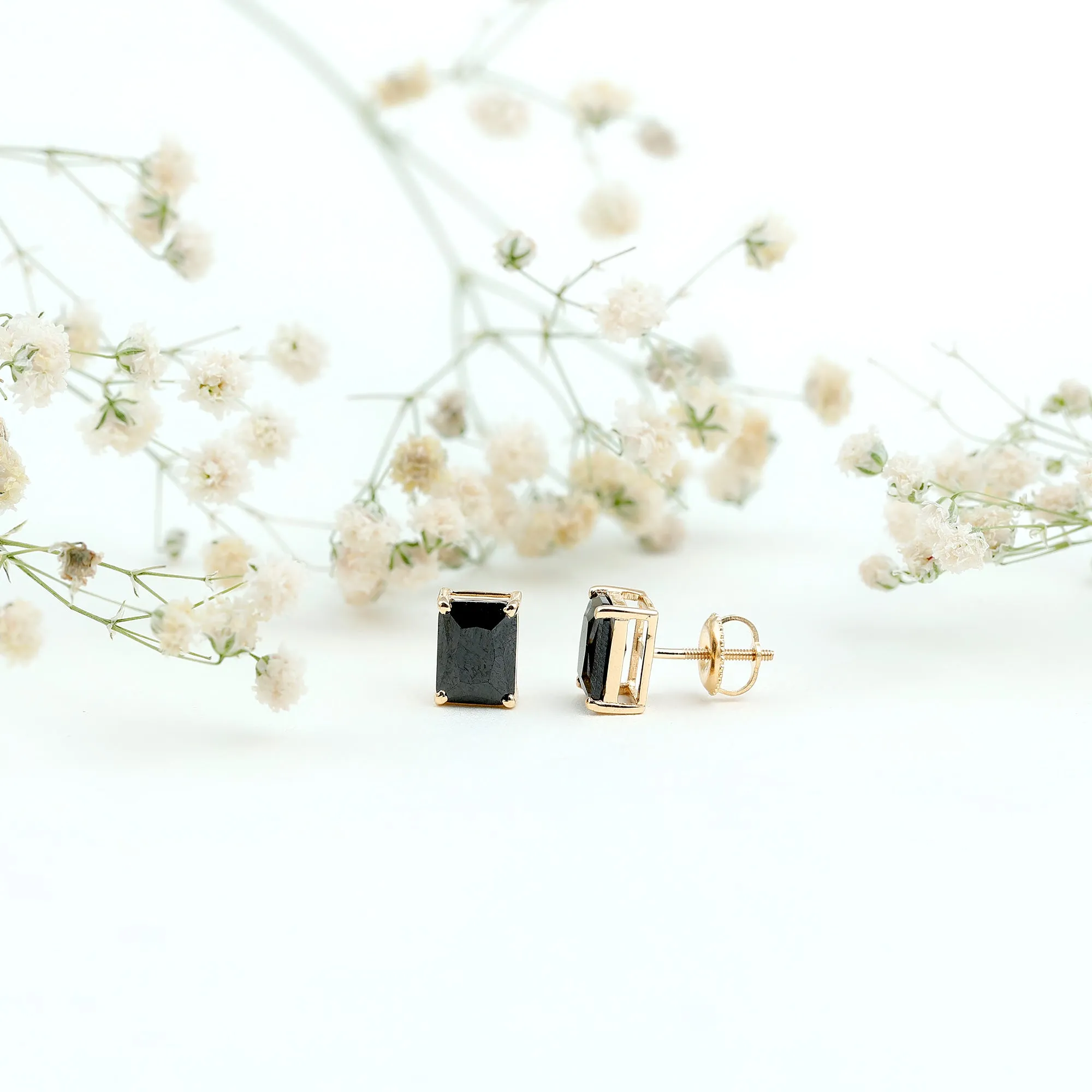 Octagon Shape Created Black Diamond Solitaire Stud Earrings