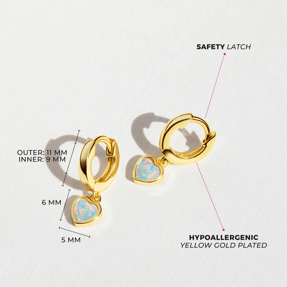 Opal Heart Dangle 9mm Kids / Children's / Girls Earrings Hoop/Huggie Safety Latch - Sterling Silver Gold Plated