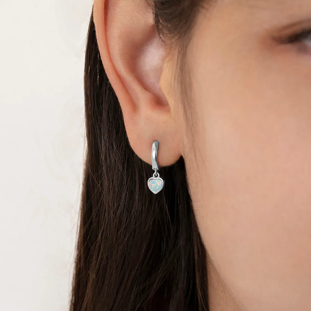 Opal Heart Dangle 9mm Kids / Children's / Girls Earrings Hoop/Huggie Safety Latch - Sterling Silver Gold Plated