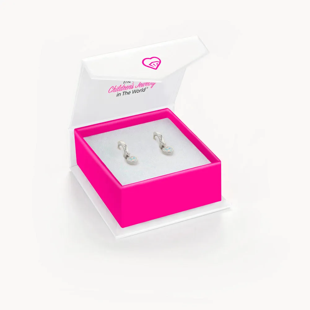 Opal Heart Dangle 9mm Kids / Children's / Girls Earrings Hoop/Huggie Safety Latch - Sterling Silver Gold Plated