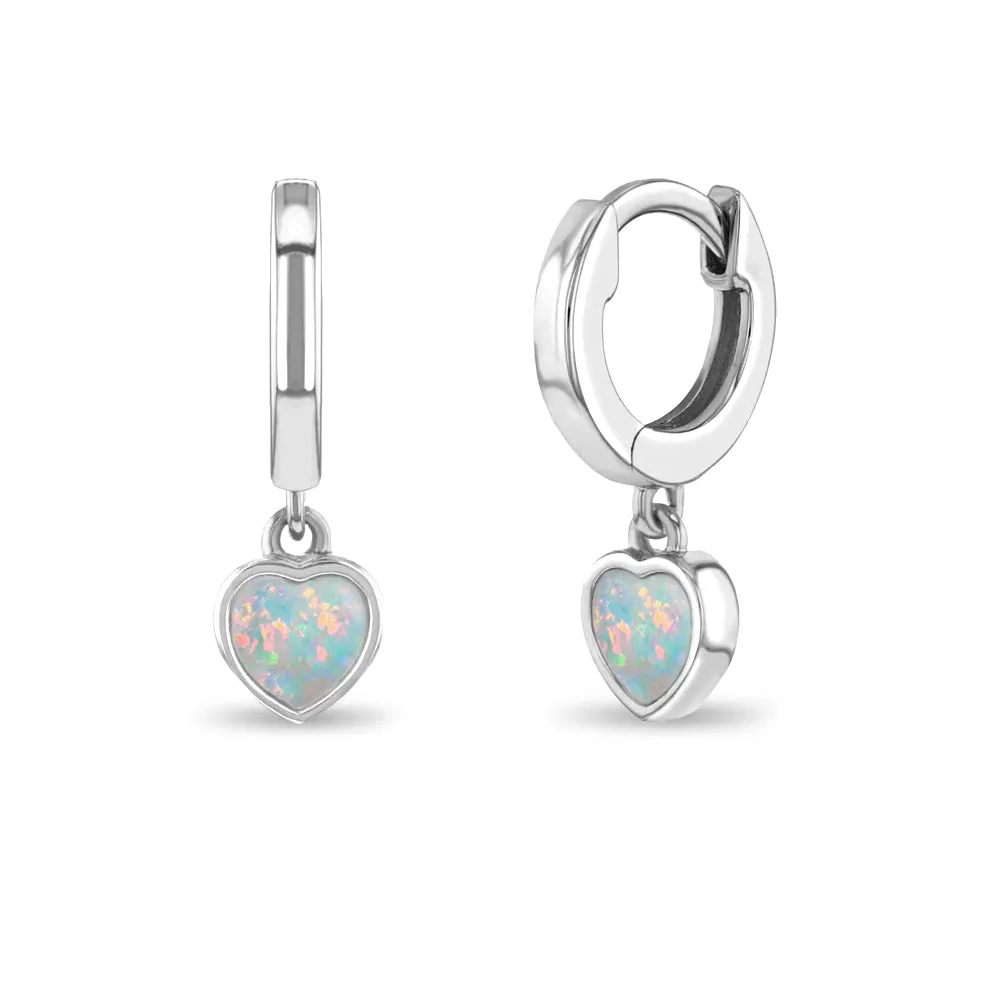 Opal Heart Dangle 9mm Kids / Children's / Girls Earrings Hoop/Huggie Safety Latch - Sterling Silver Gold Plated