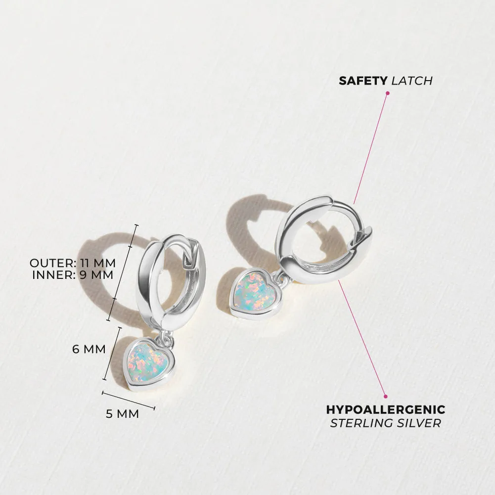 Opal Heart Dangle 9mm Kids / Children's / Girls Earrings Hoop/Huggie Safety Latch - Sterling Silver Gold Plated