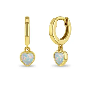 Opal Heart Dangle 9mm Kids / Children's / Girls Earrings Hoop/Huggie Safety Latch - Sterling Silver Gold Plated
