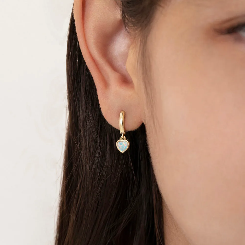 Opal Heart Dangle 9mm Kids / Children's / Girls Earrings Hoop/Huggie Safety Latch - Sterling Silver Gold Plated