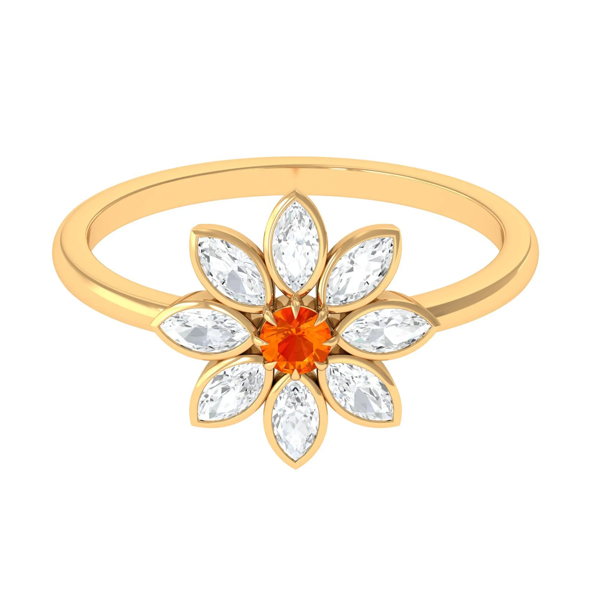 Orange Sapphire and Diamond Cocktail Flower Ring