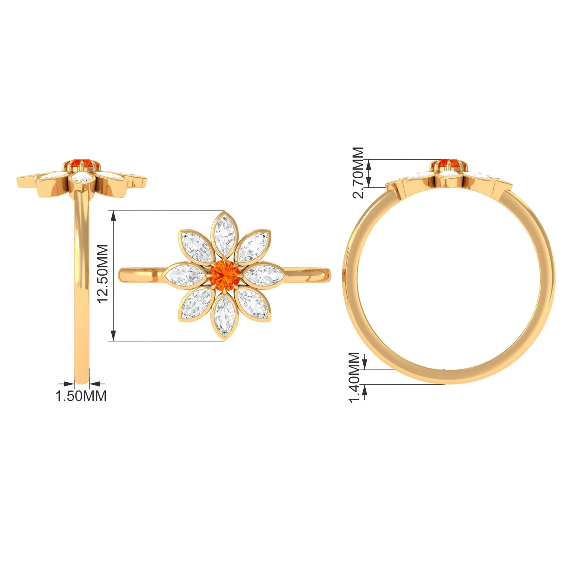 Orange Sapphire and Diamond Cocktail Flower Ring