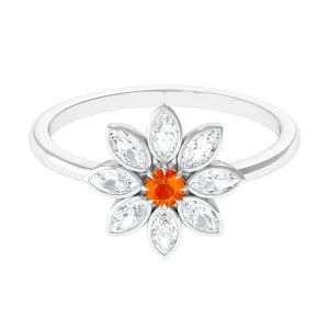Orange Sapphire and Diamond Cocktail Flower Ring