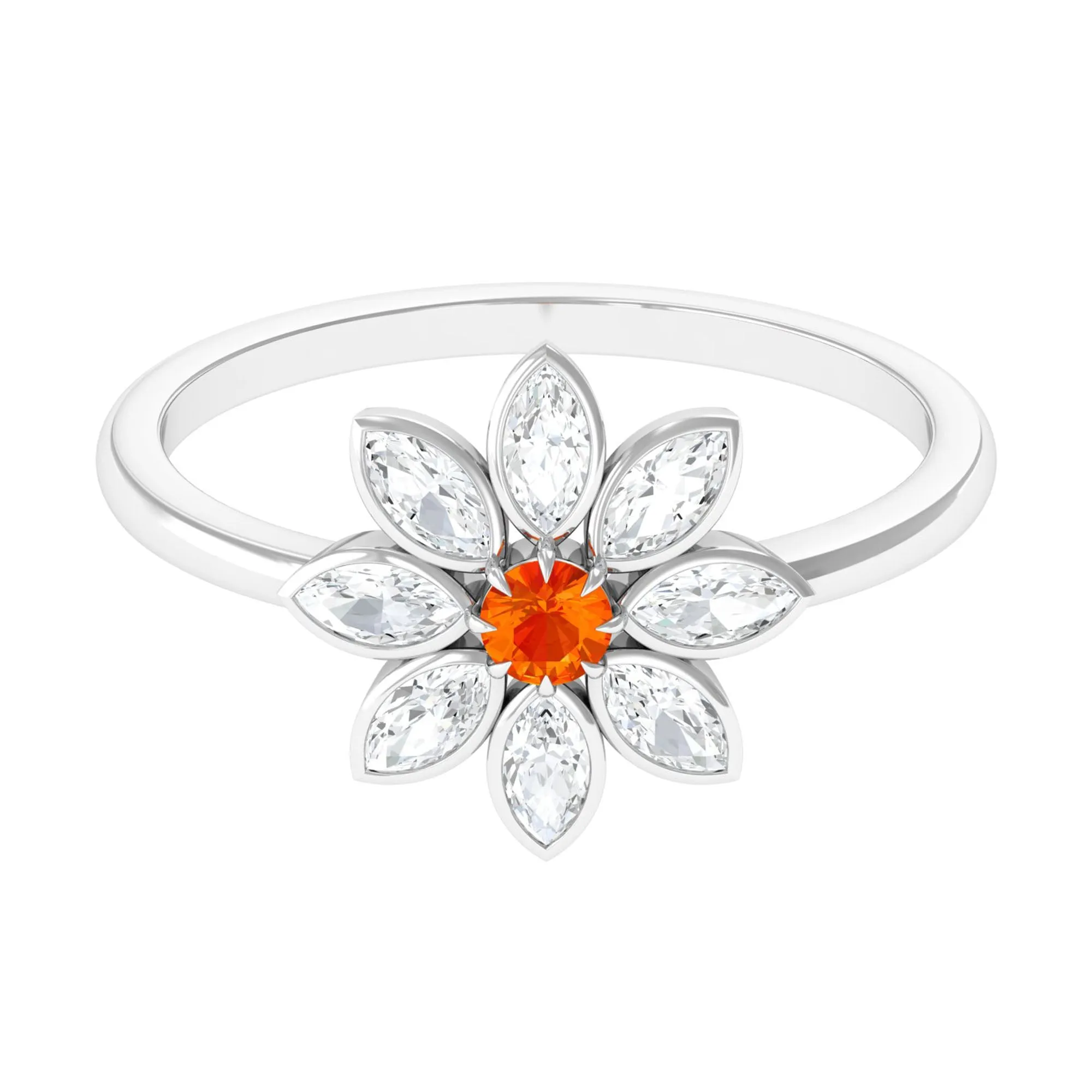 Orange Sapphire and Diamond Cocktail Flower Ring