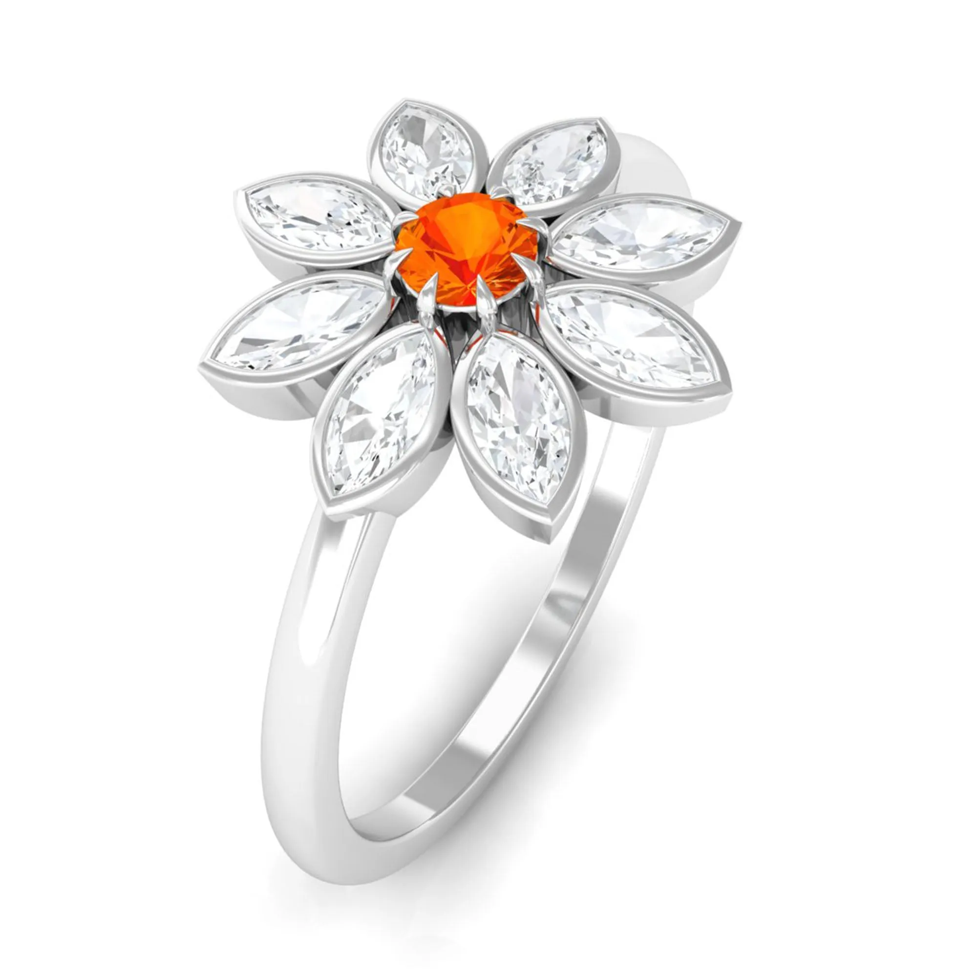 Orange Sapphire and Diamond Cocktail Flower Ring