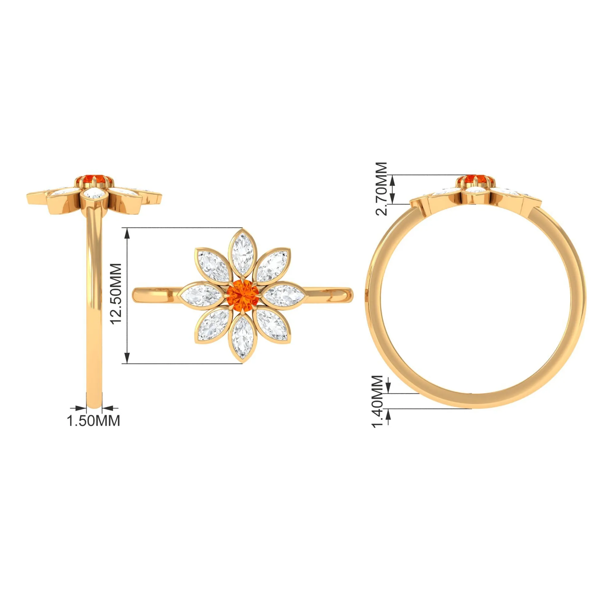 Orange Sapphire and Diamond Cocktail Flower Ring