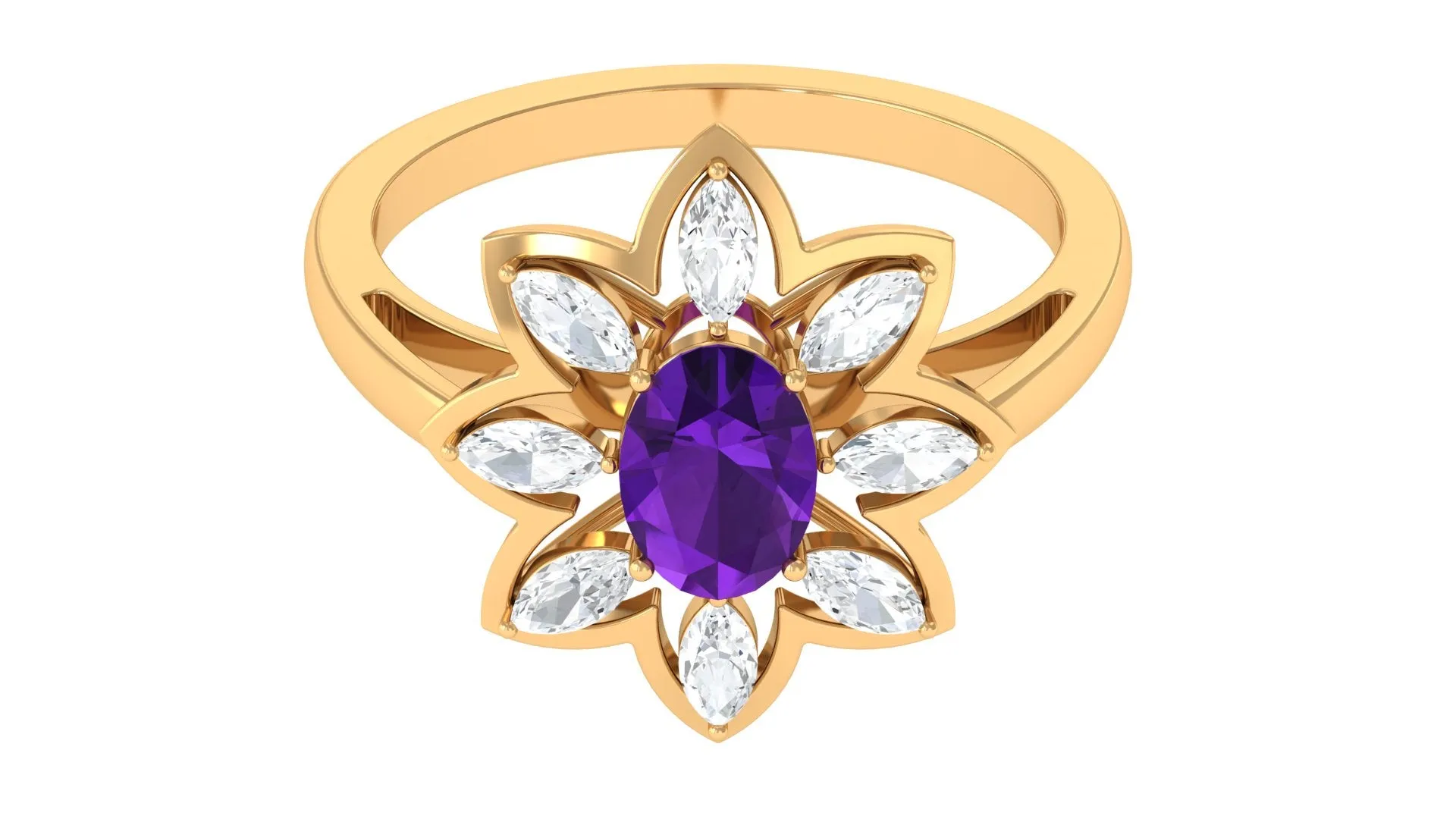 Oval Amethyst and Moissanite Cocktail Flower Ring