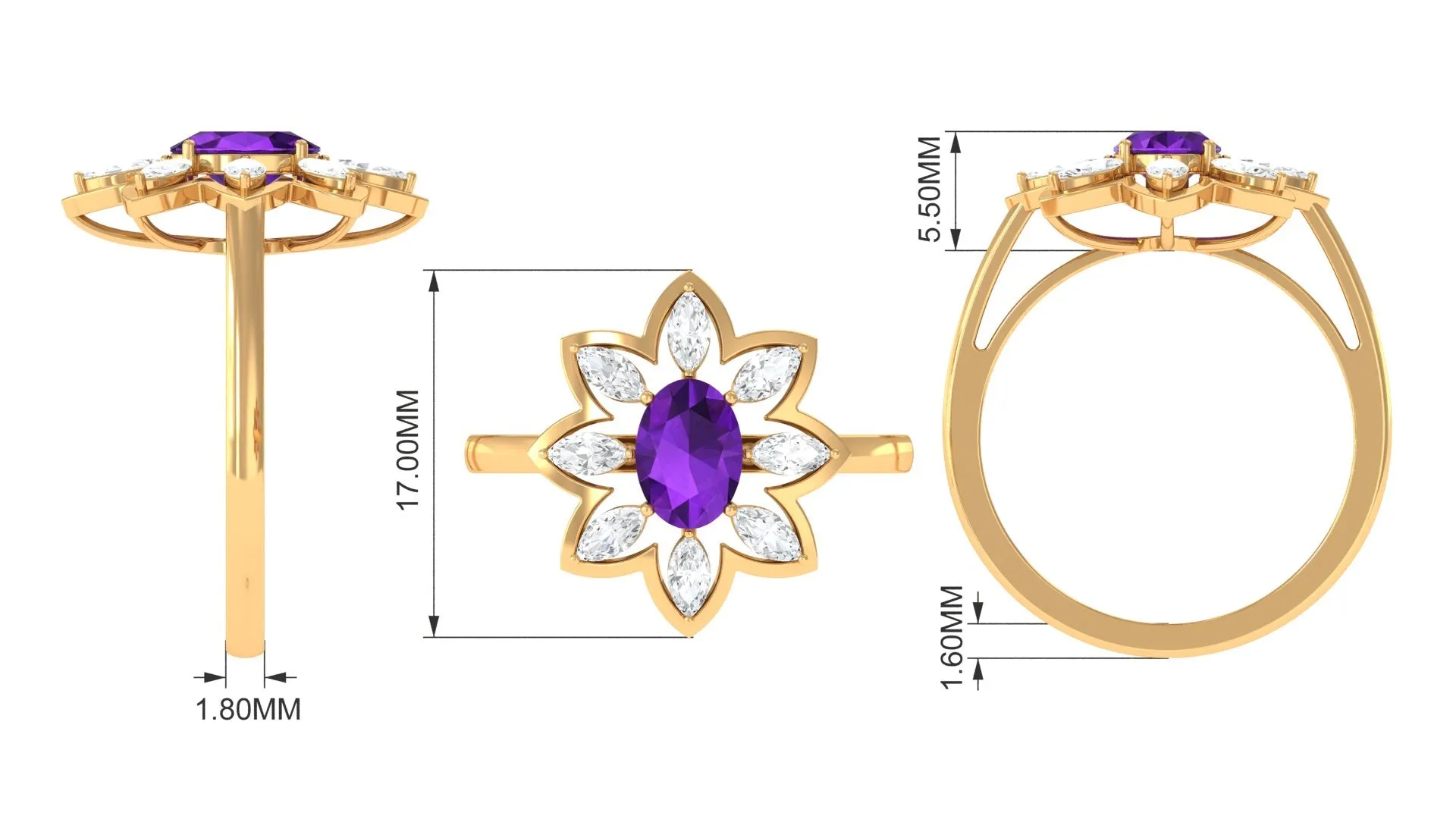 Oval Amethyst and Moissanite Cocktail Flower Ring