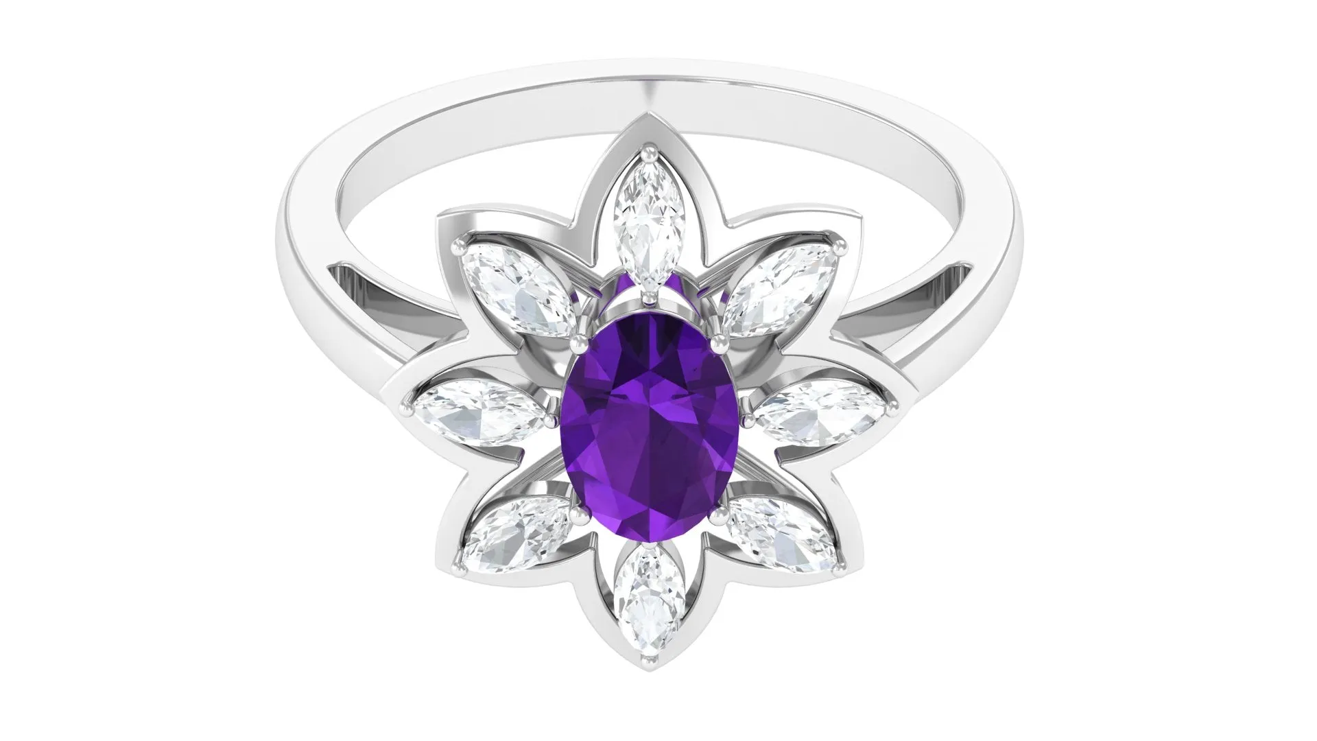 Oval Amethyst and Moissanite Cocktail Flower Ring