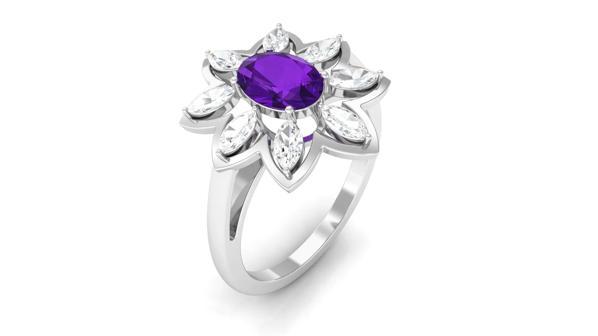Oval Amethyst and Moissanite Cocktail Flower Ring