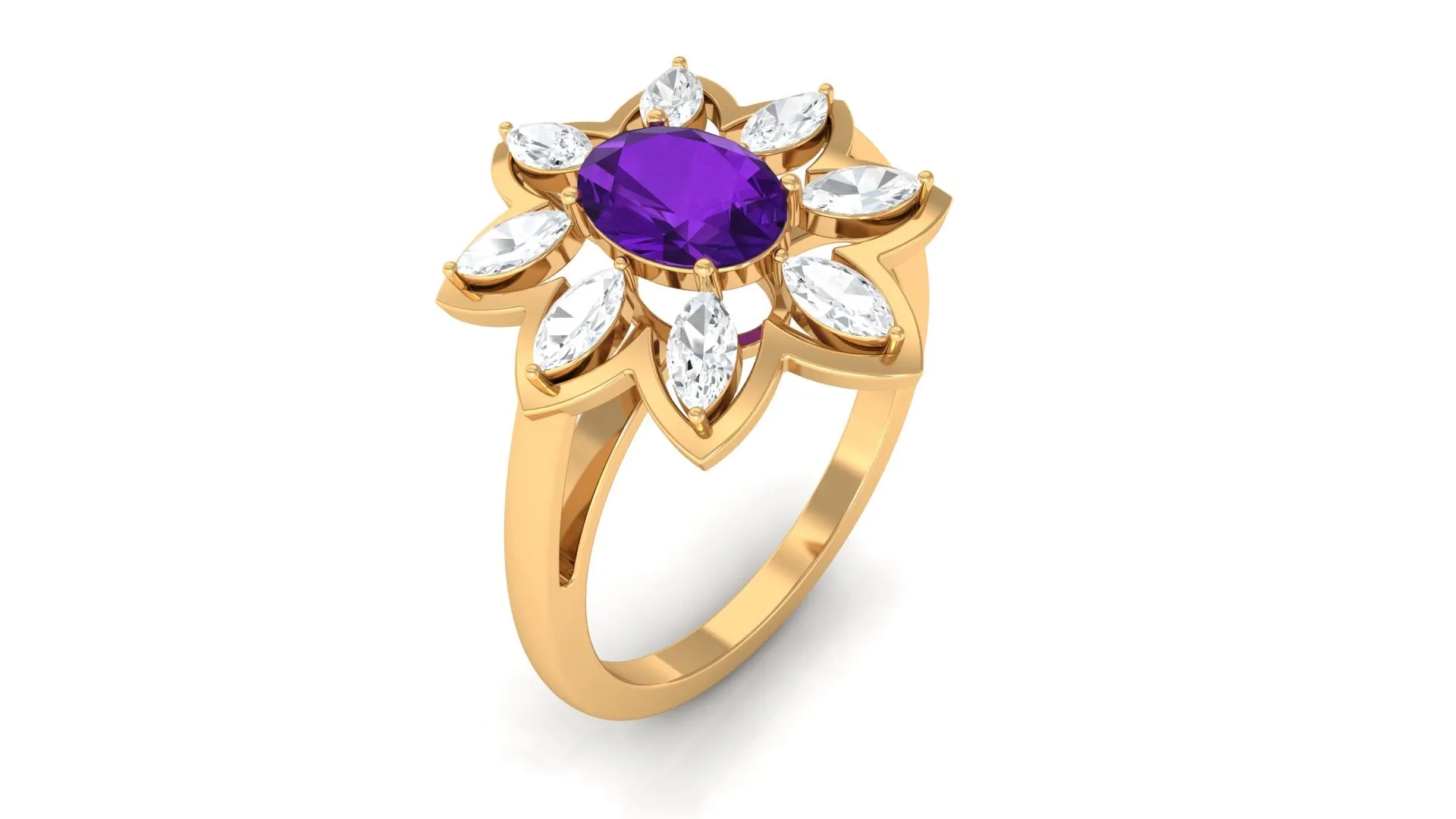 Oval Amethyst and Moissanite Cocktail Flower Ring