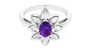 Oval Amethyst and Moissanite Cocktail Flower Ring