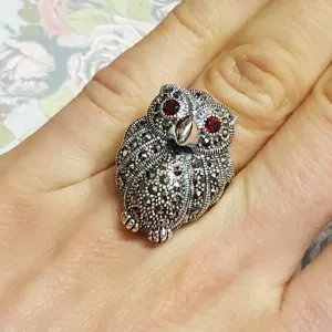 Owl Ring Silver Marcasite Cocktail Large