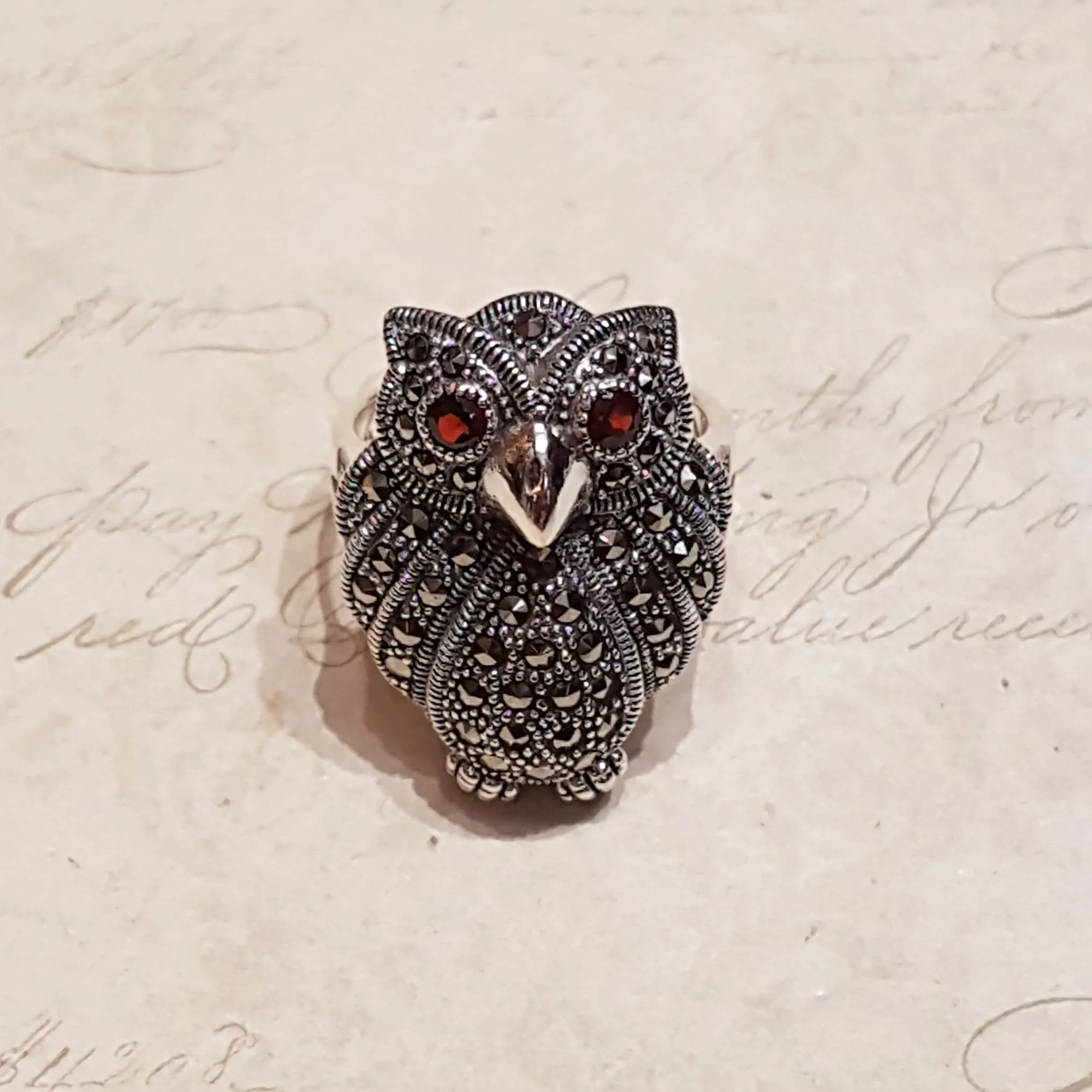 Owl Ring Silver Marcasite Cocktail Large