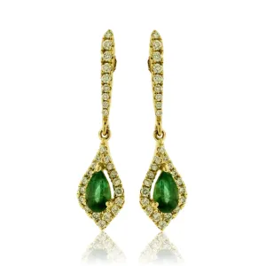 Pear Emerald and Diamond Halo Dangle Earrings