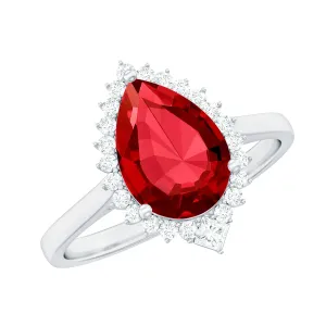 Pear Shaped Created Ruby and Diamond Halo Cocktail Ring