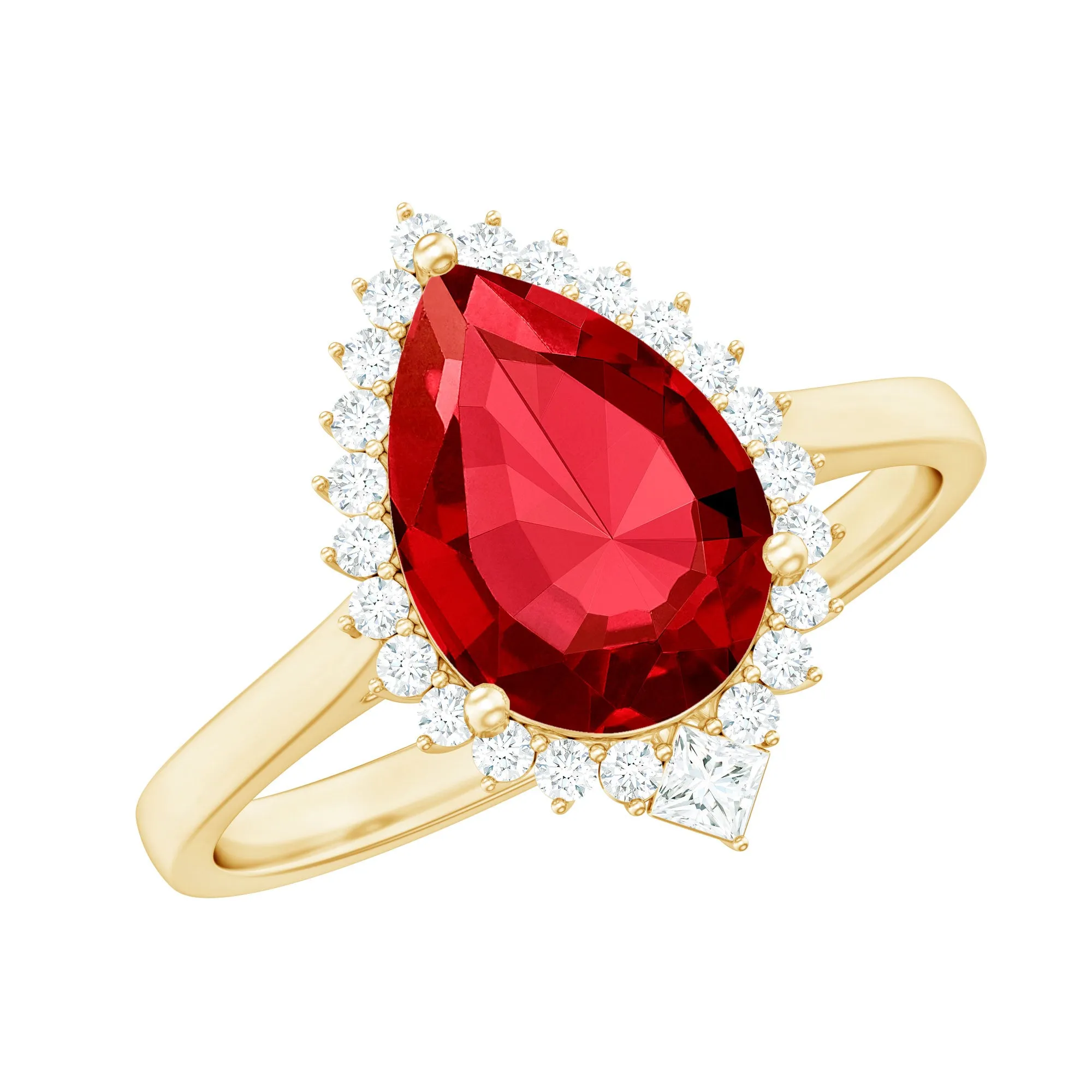 Pear Shaped Created Ruby and Diamond Halo Cocktail Ring