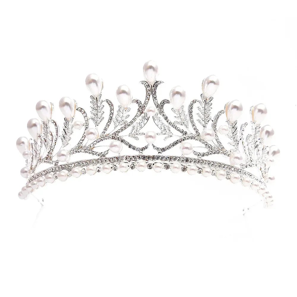 Pearl Crystal Leaf Wedding Bridal Tiara Crown  Jewelry