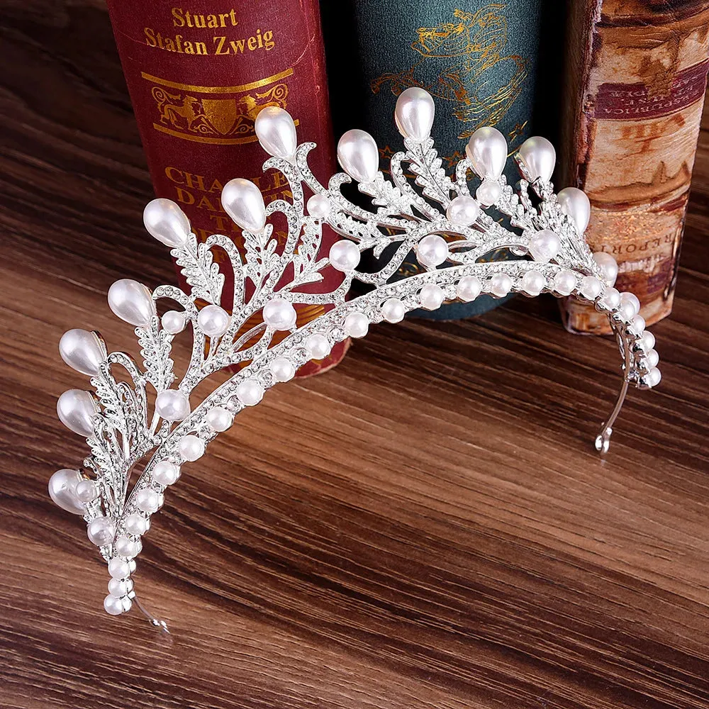 Pearl Crystal Leaf Wedding Bridal Tiara Crown  Jewelry