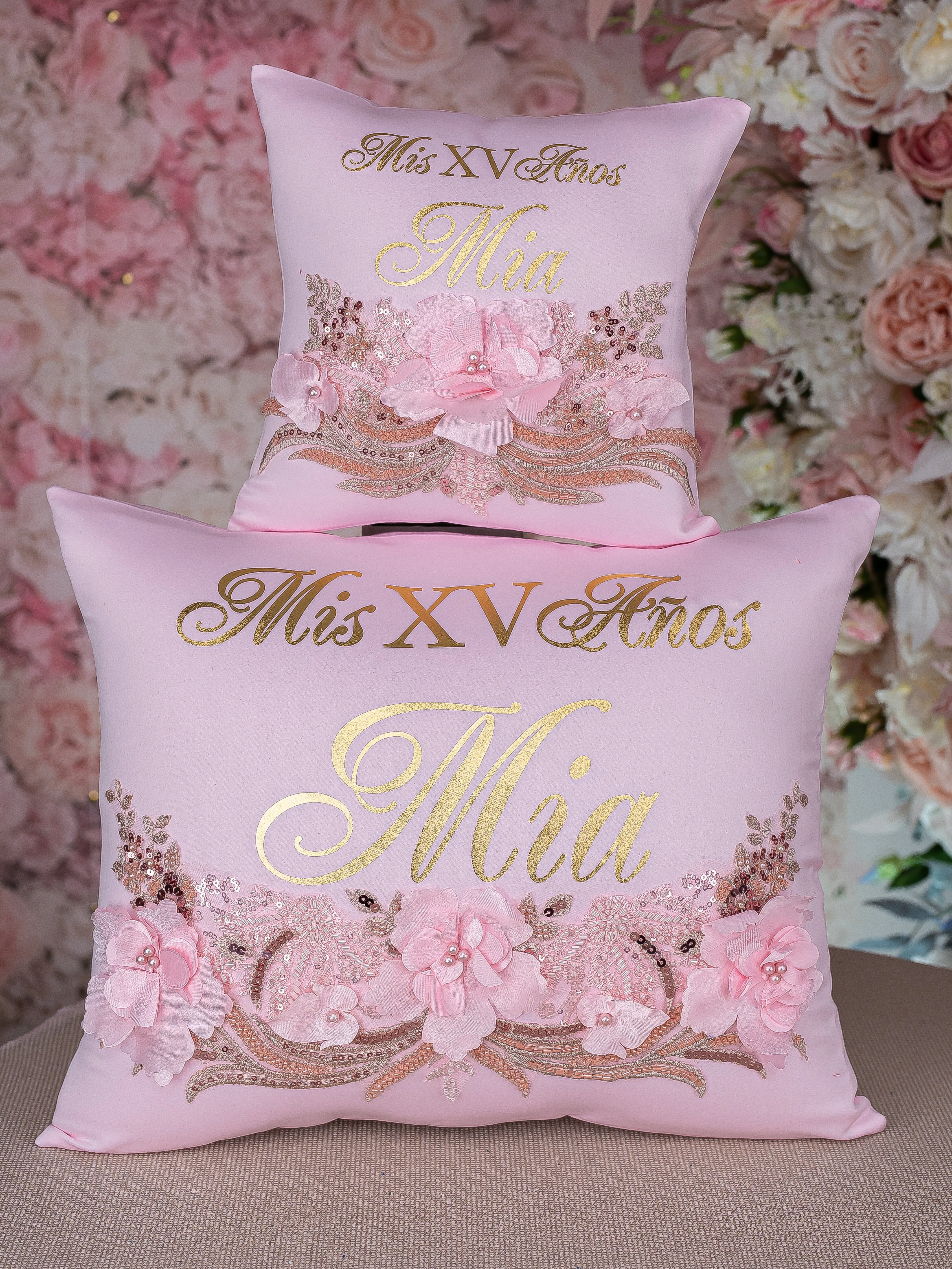 Pink and Gold quinceanera crown and tiara pillow