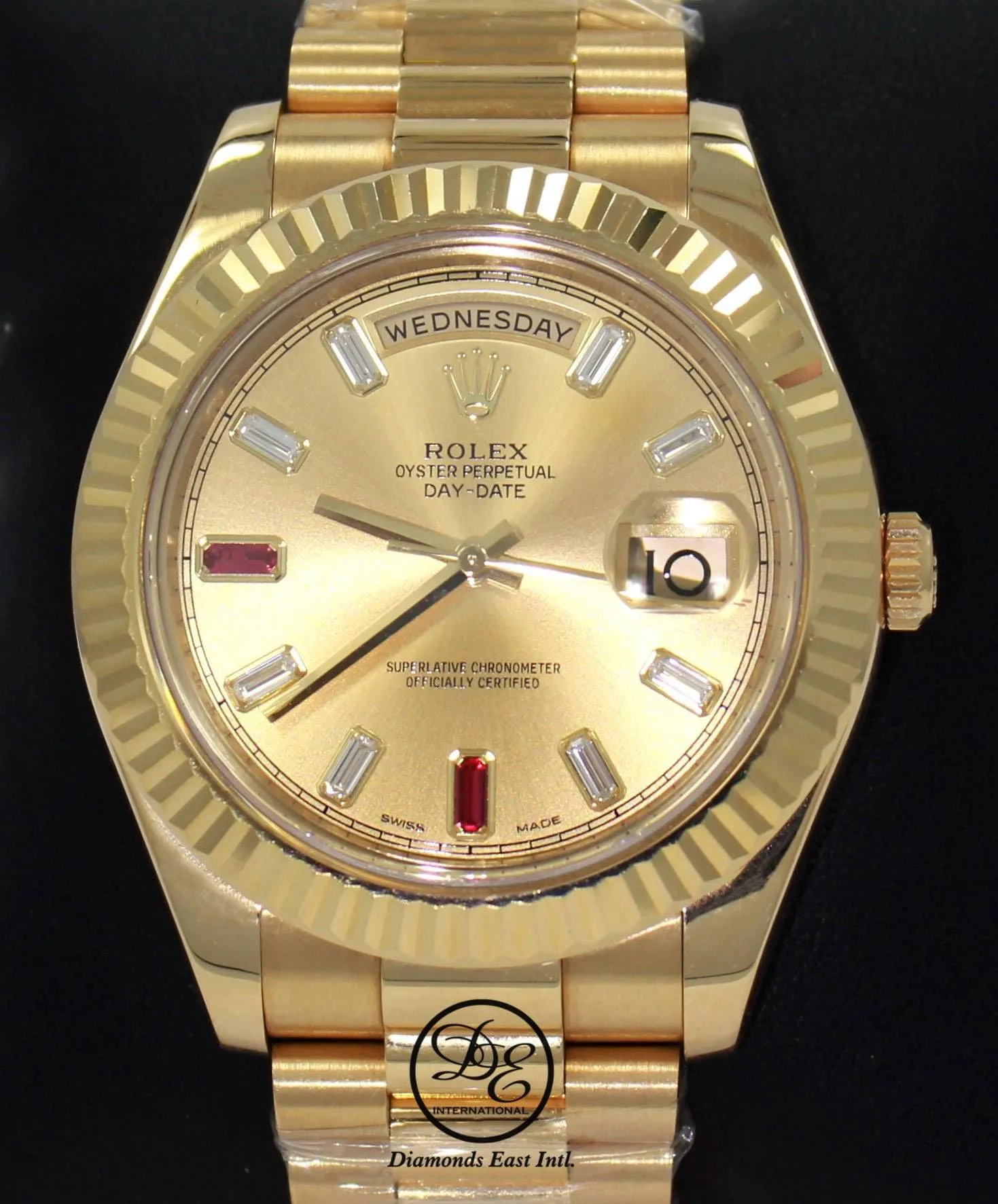 Rolex Day-Date II President 218238 18K Yellow Gold Fact Ruby & Diamond Dial BOX/PAPERS