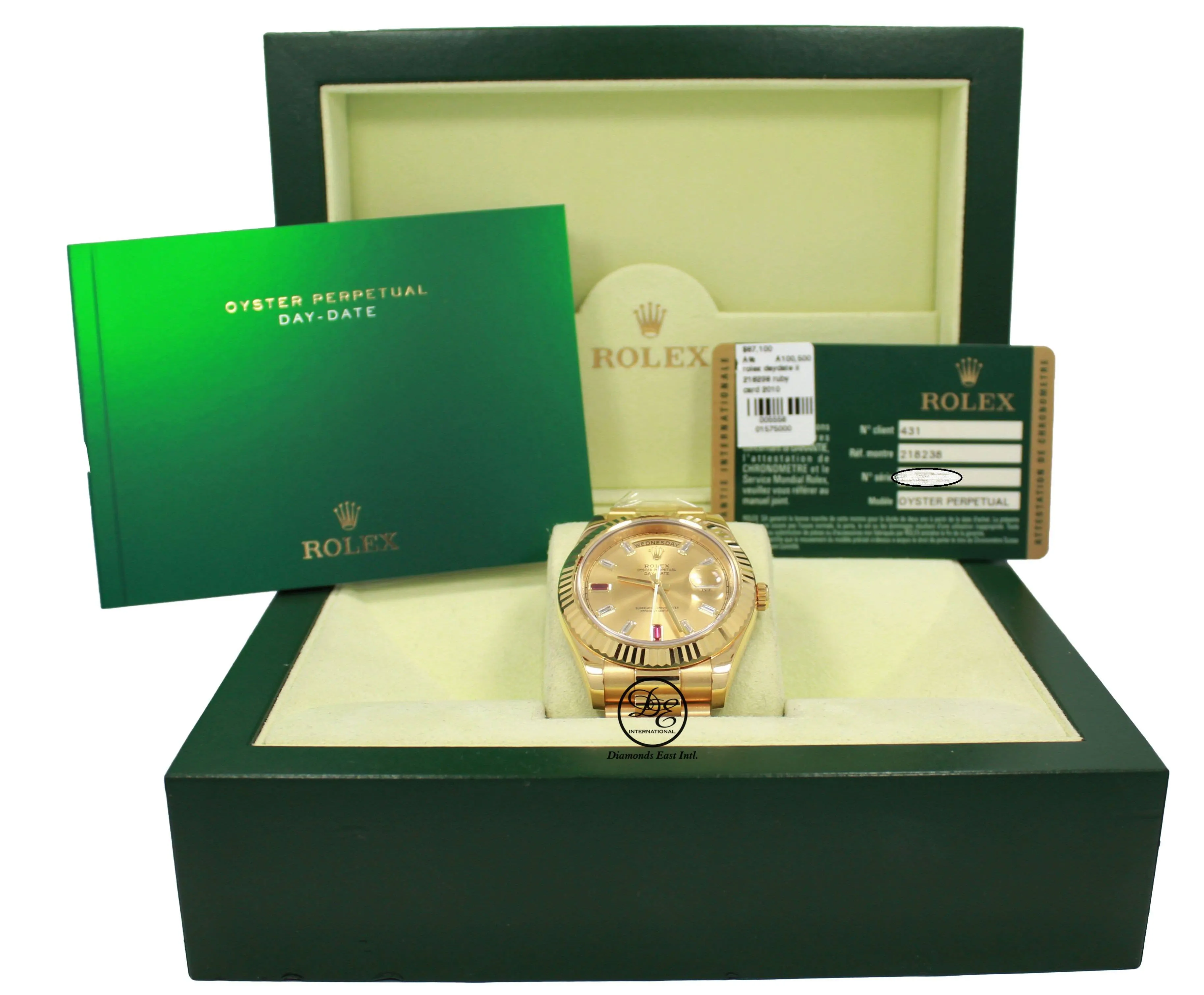 Rolex Day-Date II President 218238 18K Yellow Gold Fact Ruby & Diamond Dial BOX/PAPERS
